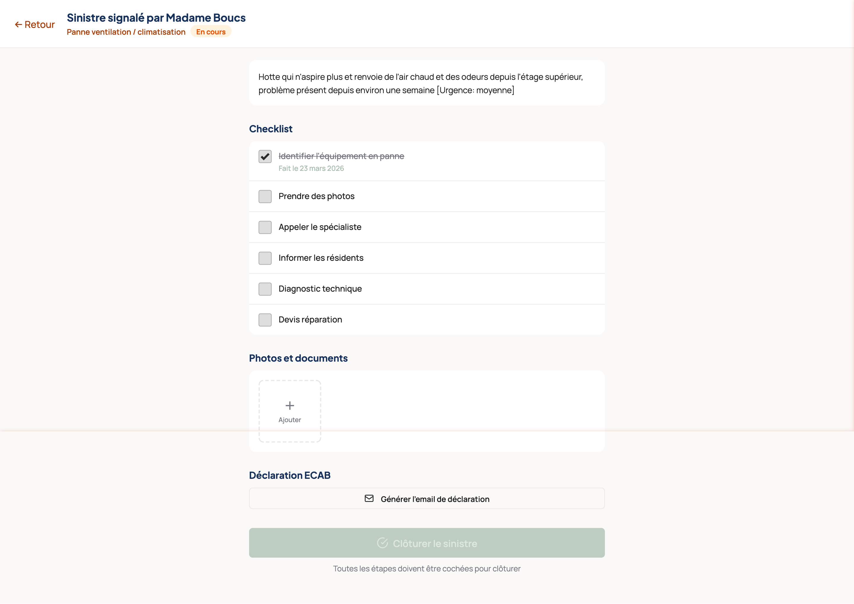 Détail sinistre avec checklist